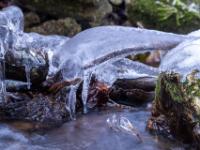 Teledetail vom dick mit Eis bedeckten Astes über dem Bach